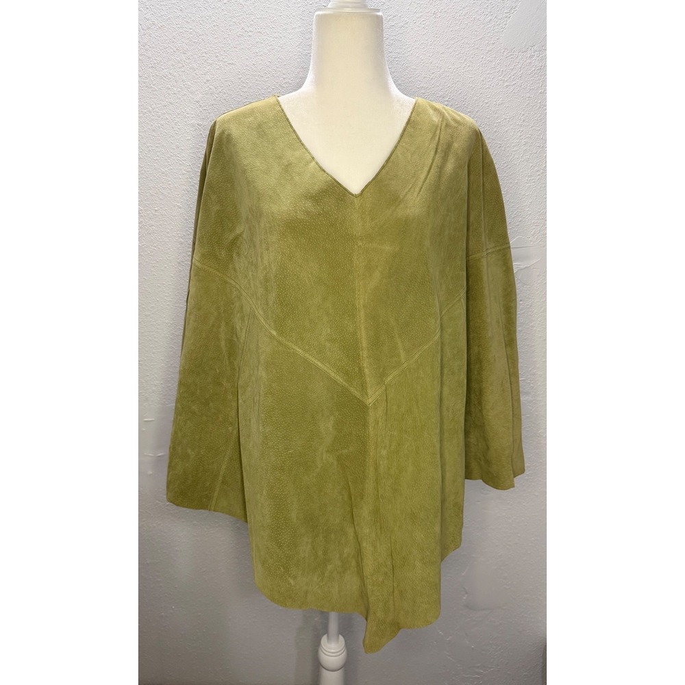 Dialogue Women 1X Chartreuse Green 100% Leather Suede V-Neck Tunic Top